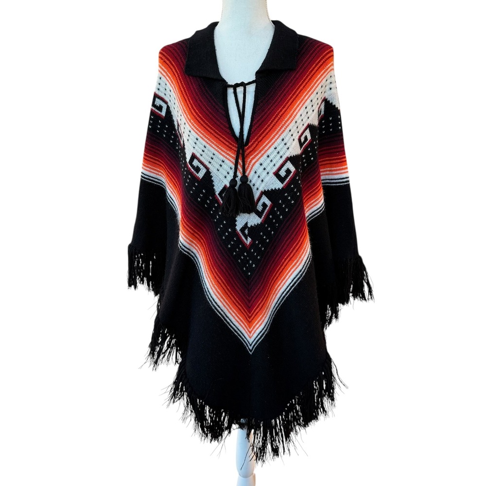 Southwestern Aztec Blanket Fringe Poncho Collar Tie Tassel Boho One Size